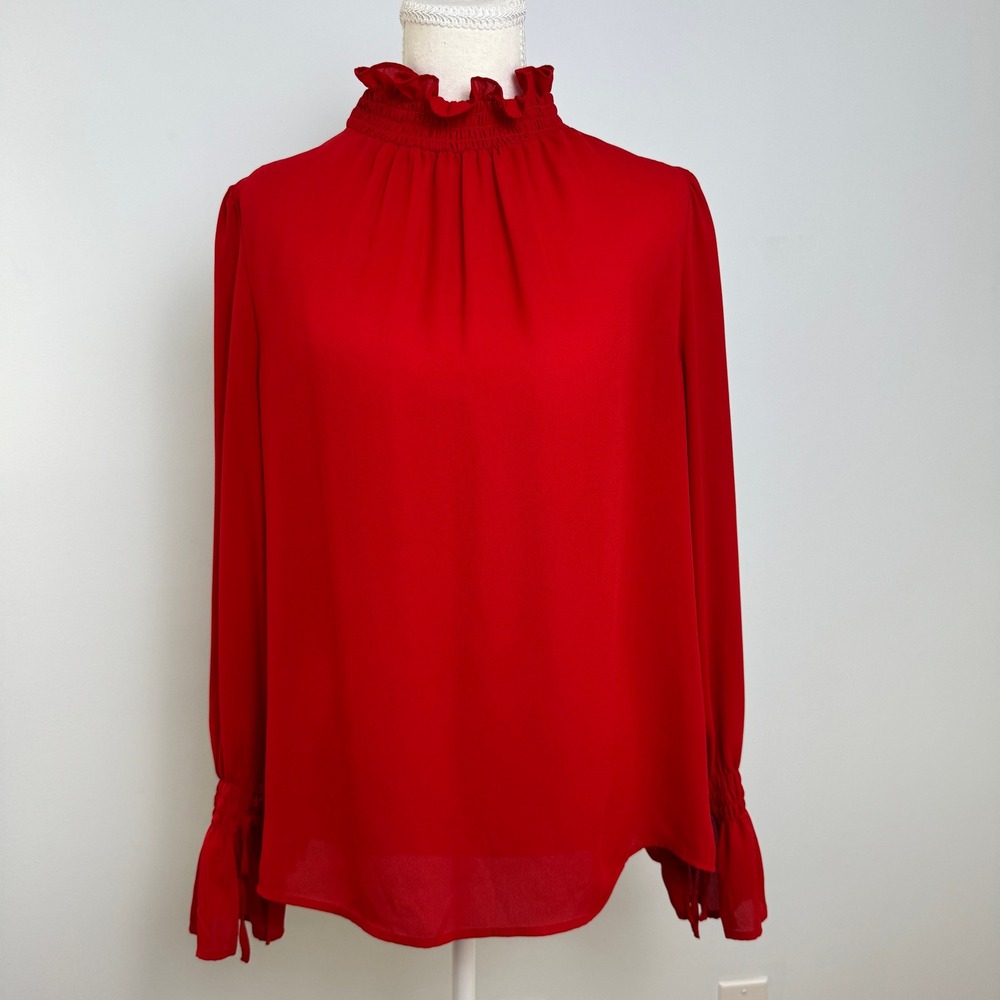 Red Blouse Smocked Mock Neck Ruffle Cuff M Romantic Coquette Victorian Aesthetic